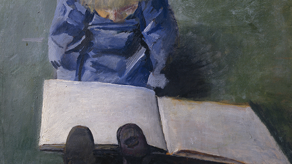 En liten gutt sitter bøyd over en bok. Han leser. Maleri.